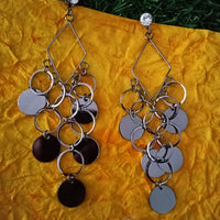 E0649_Trendy designer diamond shaped danglers with a touch of shiny disc shaped ring patterns & stone work.