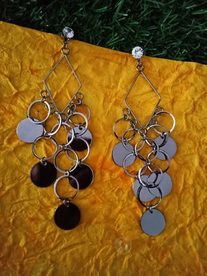 E0649_Trendy designer diamond shaped danglers with a touch of shiny disc shaped ring patterns & stone work.