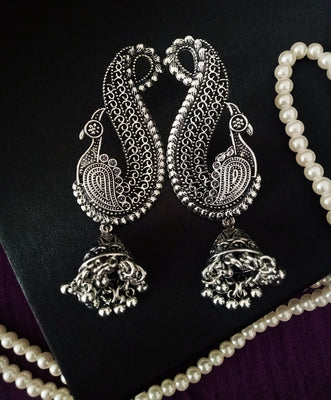 E0653_Gorgeous German silver oxidized peacock design danglers with delicate craft work with a touch of jumka drop.