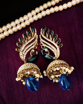E0654_Gorgeous Crafted peacock design bead work jumkas embellished with stones with a touch of blue bead drop.