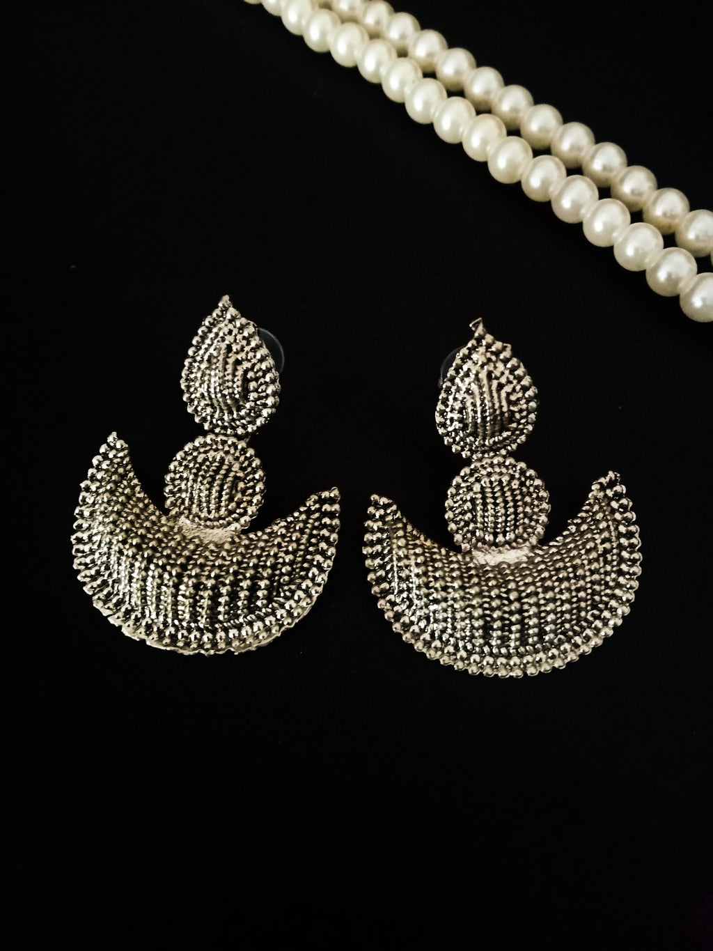 E0655_Classic german silver oxidized earrings with delicate work.