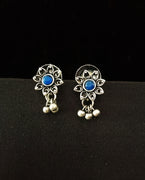 E0661_Lovely german silver oxidized flower design earrings with a touch of blue stones and bead drops.