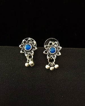 E0661_Lovely german silver oxidized flower design earrings with a touch of blue stones and bead drops.