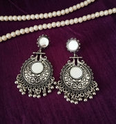 E0665_Classic german silver oxidized mirror danglers studded with delicate craft work  along with bead drop.