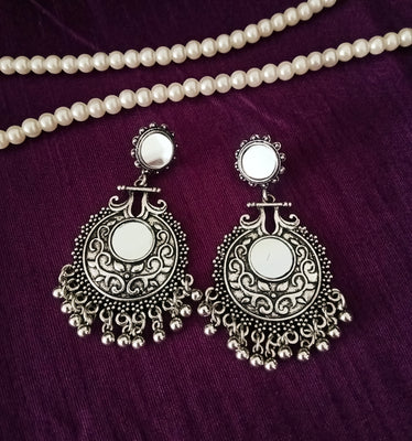 E0665_Classic german silver oxidized mirror danglers studded with delicate craft work  along with bead drop.