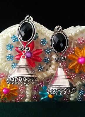 E0677_Gorgeous german silver oxidized jumkas with a touch of black stones & bead drops.