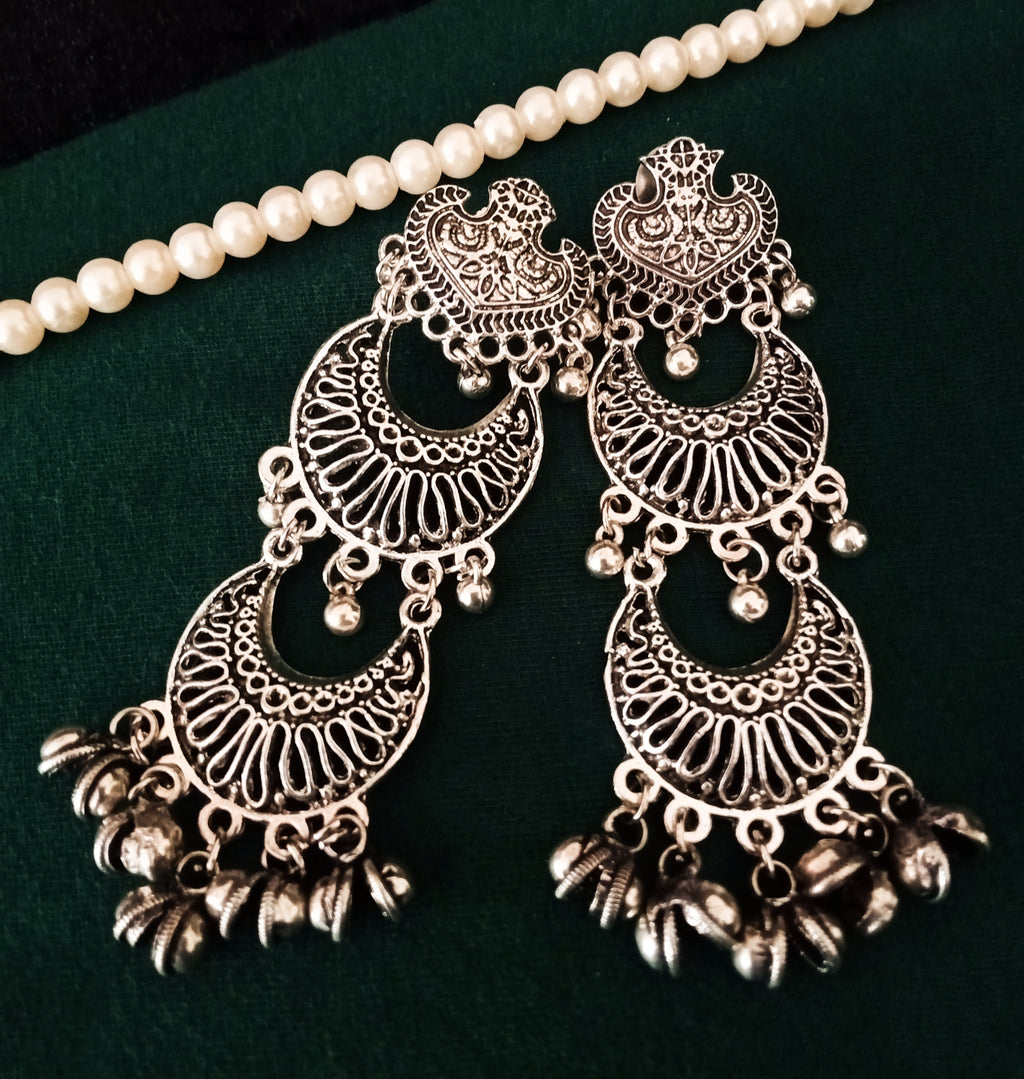 E0681_Gorgeous german silver oxidized long layered danglers with delicate craft work with a touch of beautiful bead drops.