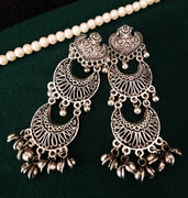 E0681_Gorgeous german silver oxidized long layered danglers with delicate craft work with a touch of beautiful bead drops.