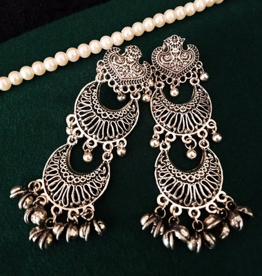 E0681_Gorgeous german silver oxidized long layered danglers with delicate craft work with a touch of beautiful bead drops.