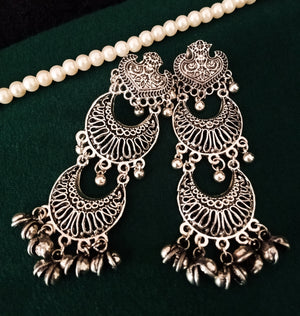 E0681_Gorgeous german silver oxidized long layered danglers with delicate craft work with a touch of beautiful bead drops.