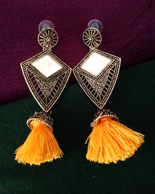 E0671_Trendy German silver oxidized diamond shaped mirror danglers  with a touch of yellow tassel drop(medium size hanging)