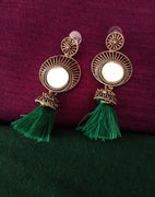 E0670_Trendy German silver oxidized mirror danglers  with a touch of green tassel drop(medium size hanging)
