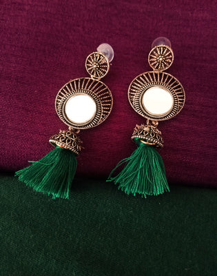 E0670_Trendy German silver oxidized mirror danglers  with a touch of green tassel drop(medium size hanging)