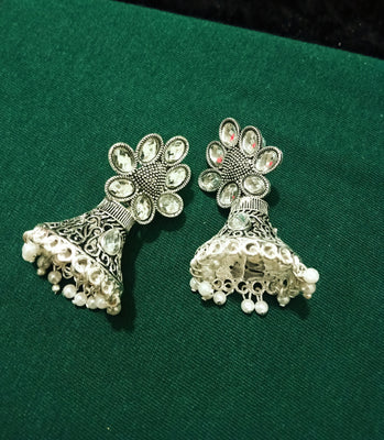 E0690_Lovely German silver oxidized flower design jumkas with a touch of stones.