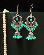 E0669_Lovely German silver oxidized danglers  with a touch of teal blue beads(medium size hanging)