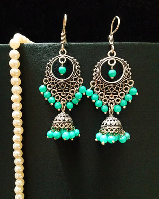 E0669_Lovely German silver oxidized danglers  with a touch of teal blue beads(medium size hanging)
