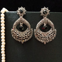 E0695_Classy german silver oxidized danglers with delicate craft work with a touch of black stones.