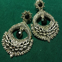 E0695_Classy german silver oxidized danglers with delicate craft work with a touch of black stones.