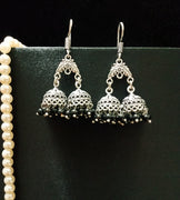 E0696_Classy german silver oxidized twin jumkas with delicate craft work with a touch of black bead drops.