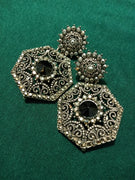 E0698_Classy grand german silver oxidized heptagon shaped dangles with delicate craft work with a touch of dazzling stones.