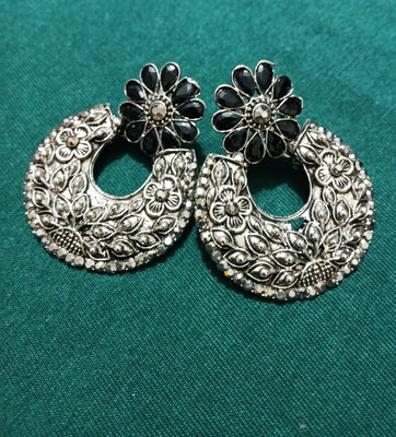 E0699_Gorgeous grand german silver oxidized dangles with delicate craft work floral designs with a touch of dazzling black stones.