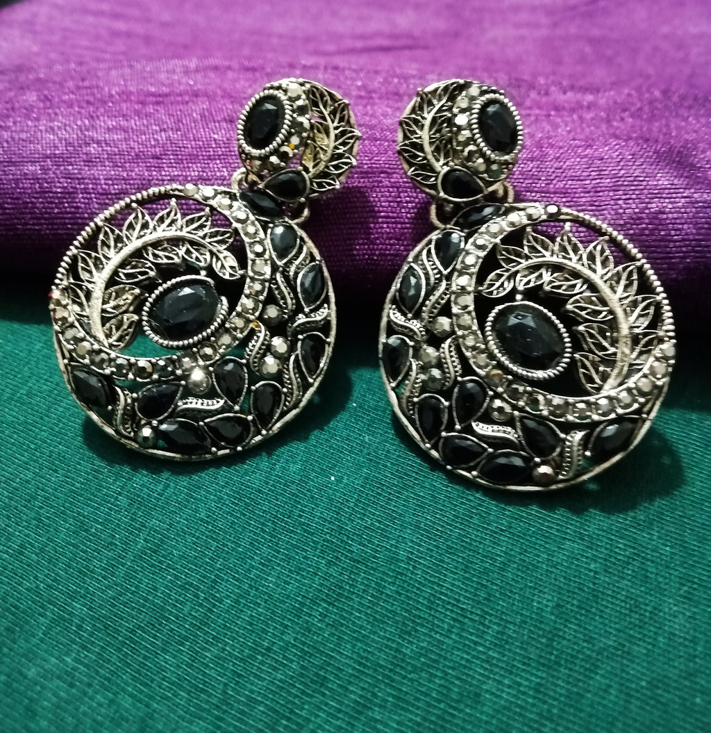E0700_Gorgeous grand german silver oxidized dangles with delicate work of leafy designs with a touch of dazzling black stones.