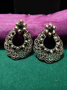 E0701_Gorgeous floral design german silver oxidized danglers with delicate work with a touch of dazzling black stones.