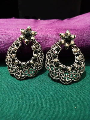 E0701_Gorgeous floral design german silver oxidized danglers with delicate work with a touch of dazzling black stones.