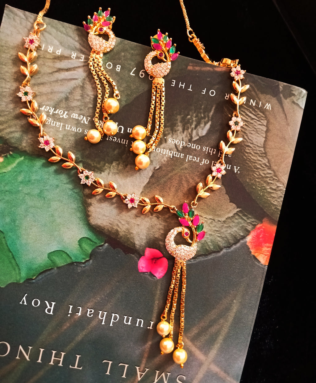 N0294_Elegant Micro Gold plated peacock design Necklace studded with semi precious pink & green ruby stones with a touch of pearls.