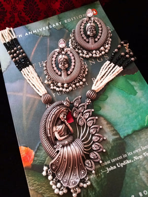 N0152_Classy  Matte polish German silver Oxidized necklace set with a women impression pendant studded with American diamond  stones with a touch of crystals & beads.