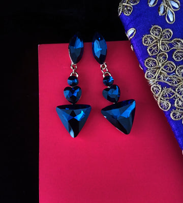 E0703_Dazzling triangular shaped ear drop hanging with a touch of blue stones.