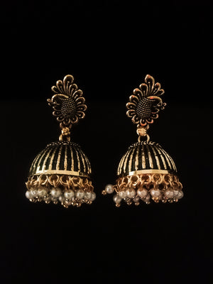 E0713_Gorgeous german silver oxidized jumkas with a touch of peacock design and pearl drops.