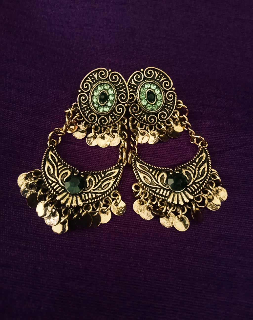 E0719_Gorgeous crafted german silver oxidized hangings with a touch of green stones along with disc shaped bead drops.