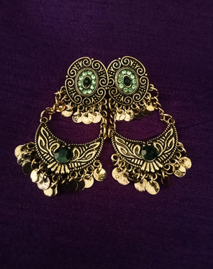 E0719_Gorgeous crafted german silver oxidized hangings with a touch of green stones along with disc shaped bead drops.