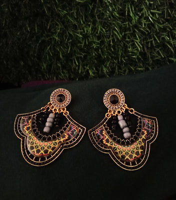 E0730_Trendy earrings with delicate craft work with a touch of grey & black beads studded with stones.