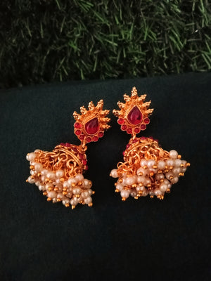 E0733_Gorgeous traditional design jumkas with a touch pink stones and bunch of bead drops.