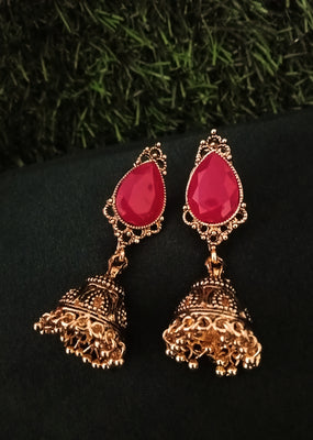 E0735_Gorgeous german silver oxidized jumkas with a touch of pink stones and bead drops.