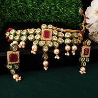 N060_Classy Layered Kundan Necklace studded with dazzling White and bright Square shaped Red stones with a touch of  pearls.