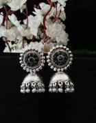 E0736_Lovely german silver oxidized jumkas with a touch of black stones and bead drops.