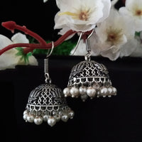 E0737_Lovely german silver oxidized jumkas with delicate lotus patterns and bead drops.