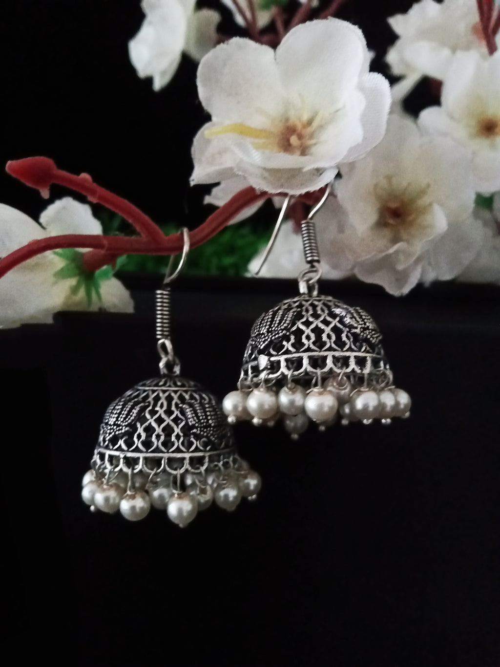 E0737_Lovely german silver oxidized jumkas with delicate lotus patterns and bead drops.