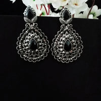 E0738_Gorgeous german silver oxidized earrings with delicate patterns with a touch of black stones.