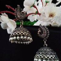 E0739_Gorgeous german silver oxidized peacock design jumkas with delicate patterns with a touch of bead drops.