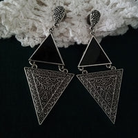 E0743_Trendy german silver oxidized triangle shaped earrings with a touch of delicate art work.