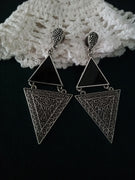 E0743_Trendy german silver oxidized triangle shaped earrings with a touch of delicate art work.