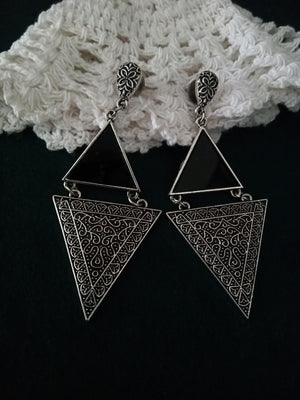 E0743_Trendy german silver oxidized triangle shaped earrings with a touch of delicate art work.