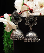 E0747_Classy german silver oxidized flower design jumkas studded with stones with a touch of beads.
