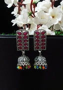 E0748_Classy german silver oxidized rectangular design earrings with jumka drops studded with stones with a touch of multi color bead drops.