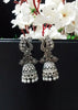 E0751_Lovely german silver oxidized peacock design jumkas with a touch of dazzling stones with a touch of pearls.