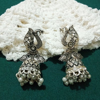 E0751_Lovely german silver oxidized peacock design jumkas with a touch of dazzling stones with a touch of pearls.